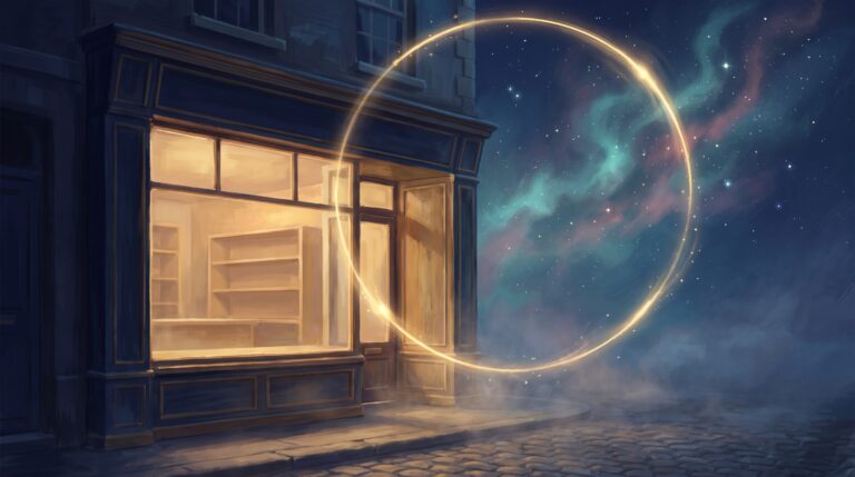 A glowing golden circle of light arcing over an empty shop at twilight and returning to its doorway, an illustration of instant karma