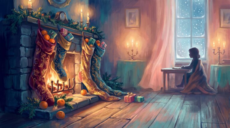 Oversized silk stockings stretched long on a Christmas Eve mantel, with oranges and small gifts glowing in warm firelight