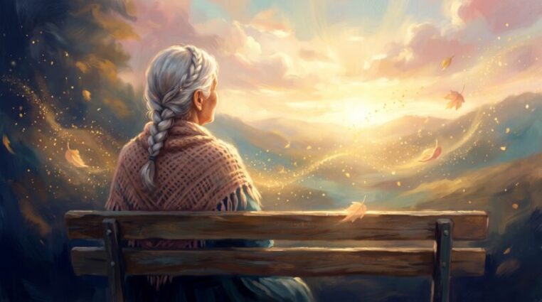 Silver-haired older woman seated on a garden bench at golden hour, looking toward a glowing sunset over rolling hills