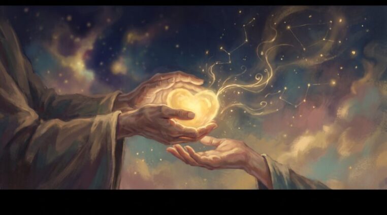 Illustration of one open hand passing a glowing golden light into another open palm beneath a navy night sky, with golden threads of light rising outward