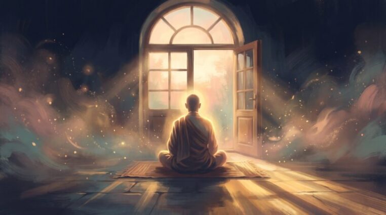 Person meditating on a cushion in golden dawn light streaming through an open doorway