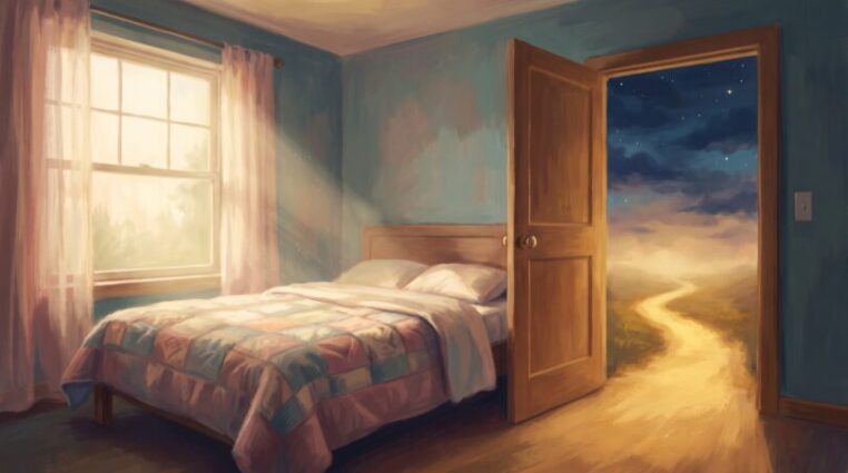 A quiet bedroom lit by golden afternoon light, with an open door leading to a glowing path under a deep navy evening sky