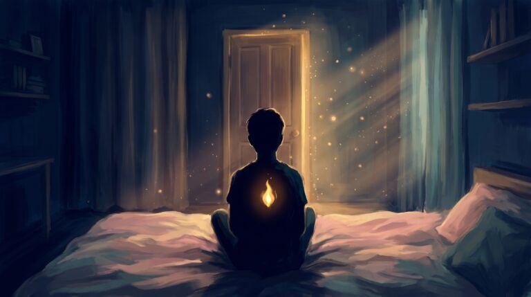 Silhouette of a person seated on a bed facing a closed door glowing with golden light, a small light at the heart, in deep navy and gold