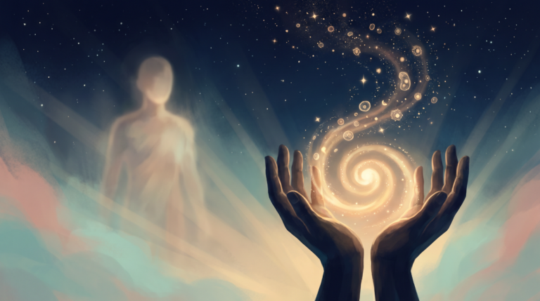 Open hands releasing golden light that rises as a glowing constellation of cells and stars against a deep navy sky, symbolizing the body's innate healing