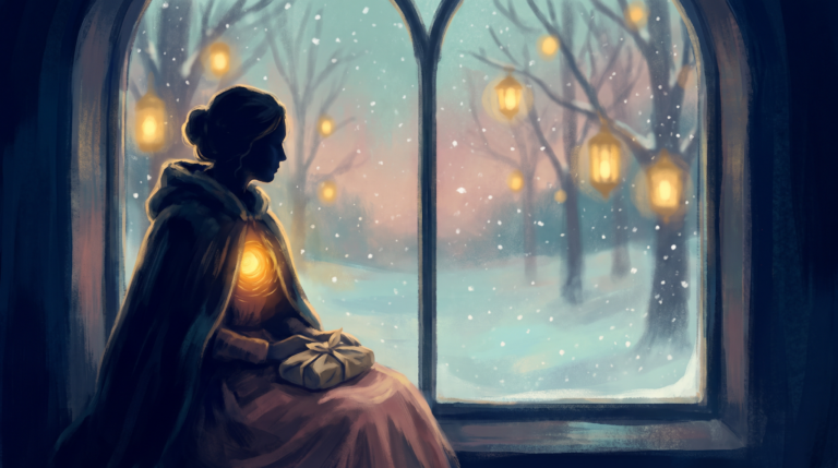 Silhouette of a woman by a window at dusk holding a wrapped gift, with snow falling outside and warm golden light in navy shadows