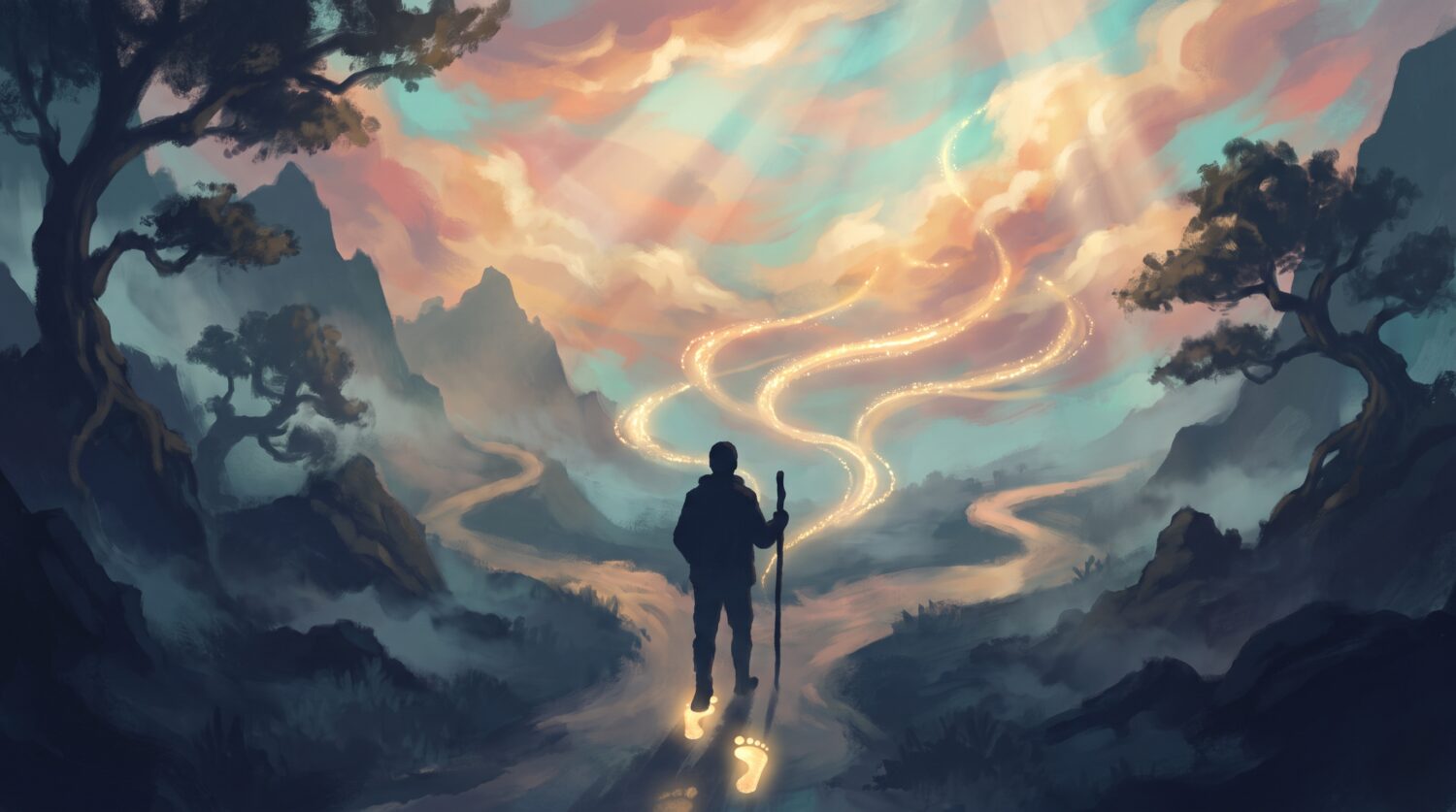 A lone traveler walking a winding path at sunrise as golden trails of light rise toward a radiant dawn sky