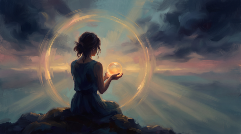 A woman seen from behind sits at twilight holding a glowing golden orb of light inside a protective ring, with dark shadows fading at the edges