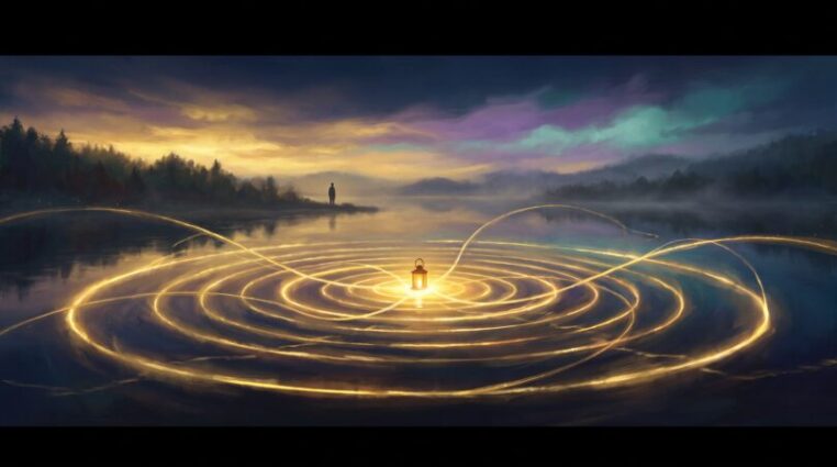 Golden rings of light rippling across a still dark lake at twilight and returning to a glowing lantern at the center