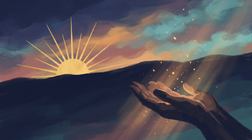 Golden sunrise over a dark navy horizon with rays of light falling onto open cupped hands and rising golden sparks