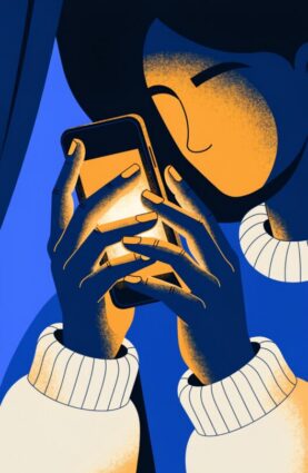 Illustration of a woman's hands holding a softly glowing phone