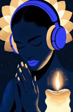 Illustration of a woman meditating in headphones before a golden lotus