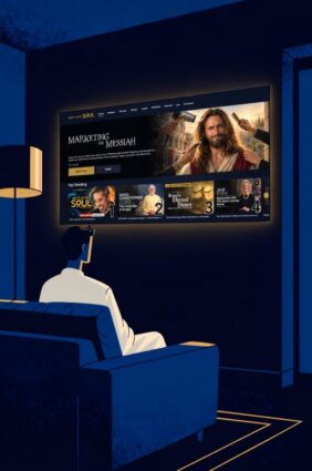 Illustration of a man on a couch watching the Next Level Soul TV app on a large screen