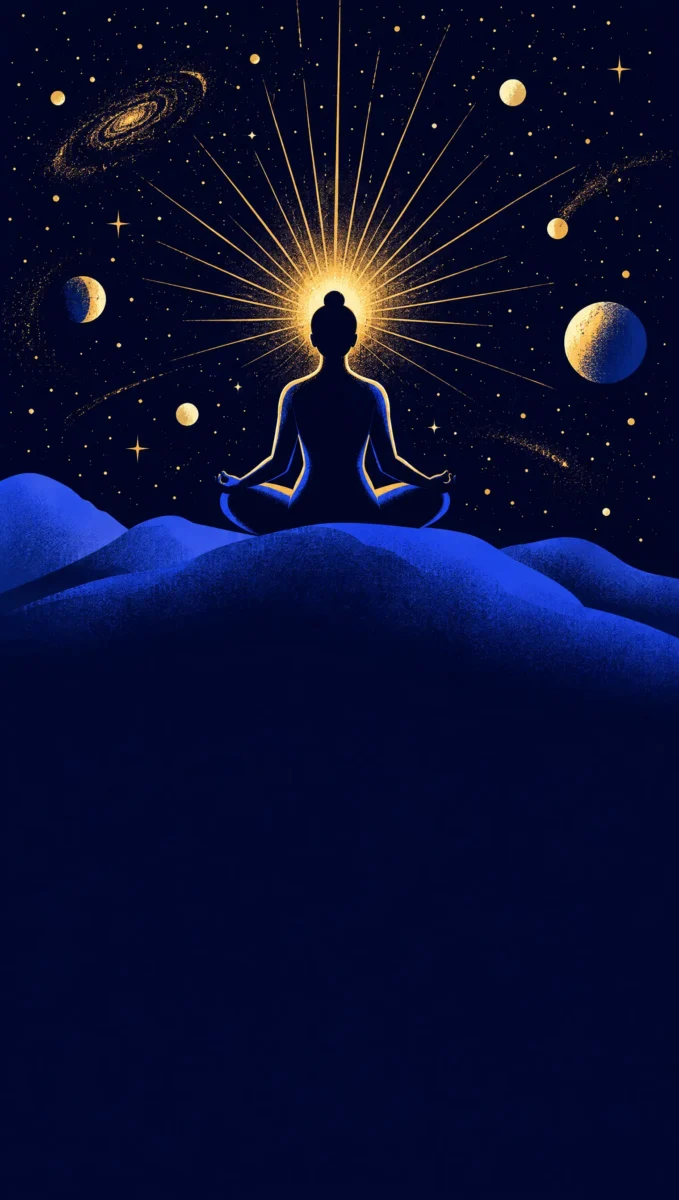 Illustration of a meditating figure with a golden crown of light opening into the stars