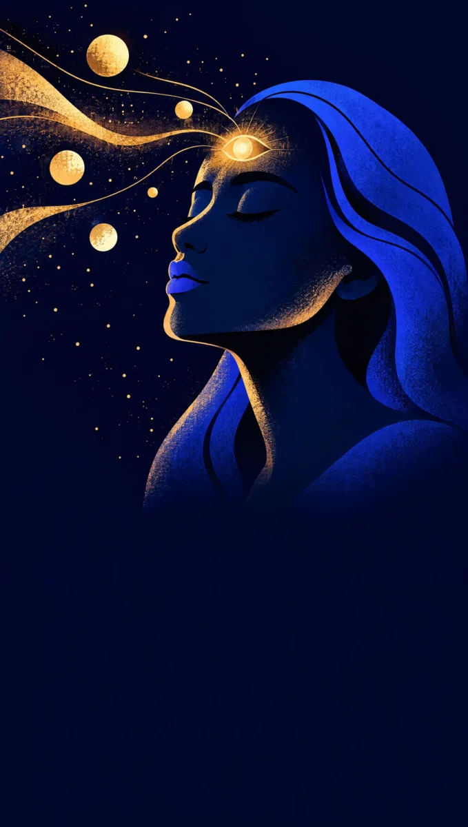 Illustration of a person in profile with eyes closed and a glowing golden third eye