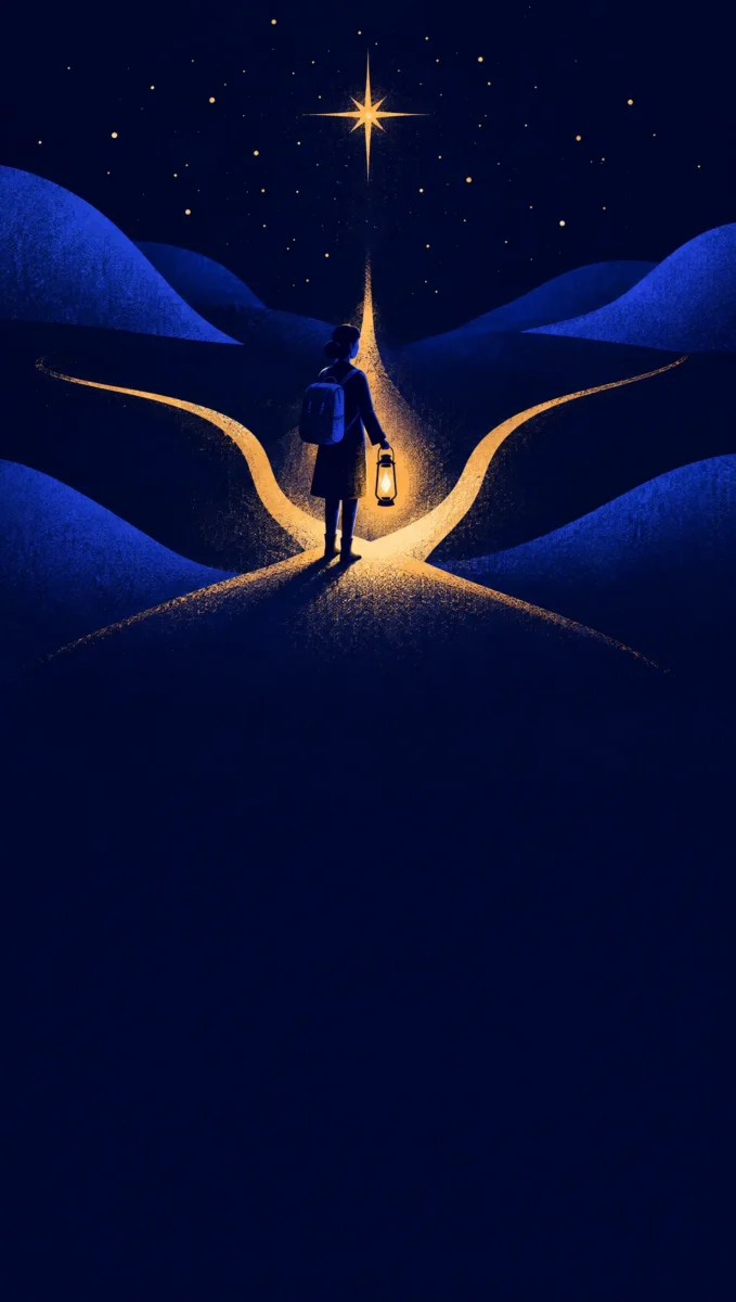 Illustration of a traveler with a golden lantern where a path splits into three glowing trails