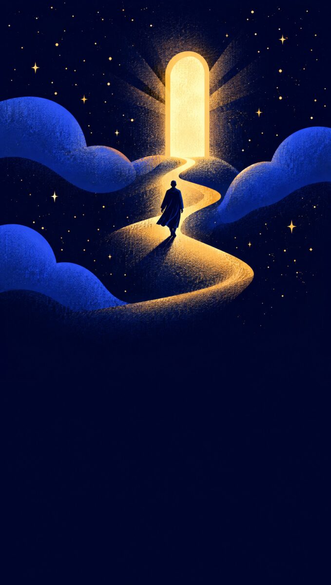 Illustration of a figure walking a golden path toward a glowing doorway of light in a dark starry sky
