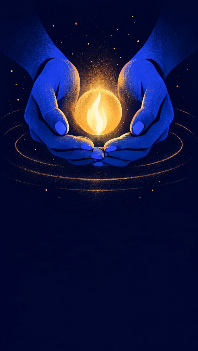 Illustration of blue hands cupping a small glowing golden light in the dark