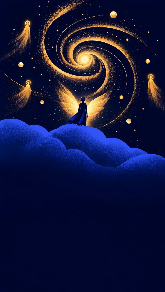 Illustration of a figure on a cloud with golden wings of light beneath a spiral of stars