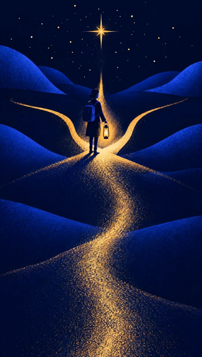 Illustration of a traveler with a golden lantern where a path splits into three glowing trails
