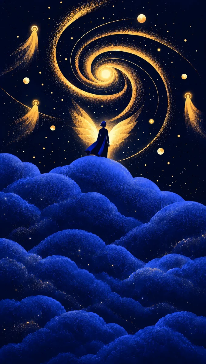 Illustration of a figure on a cloud with golden wings of light beneath a spiral of stars