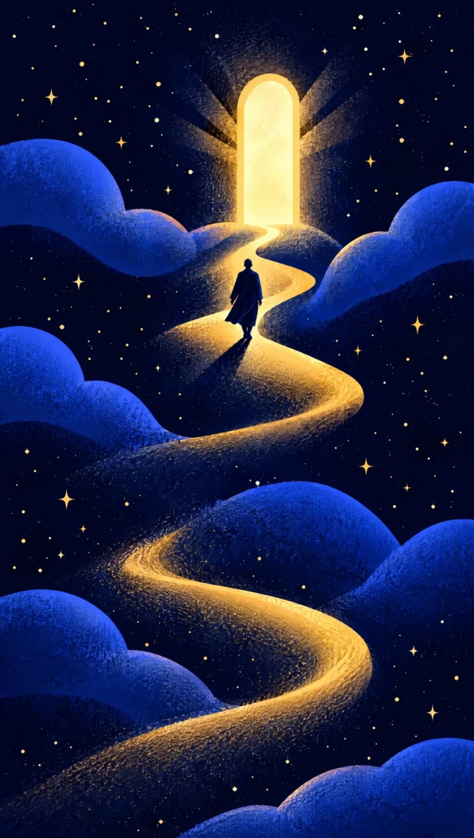 Illustration of a figure walking a golden path toward a glowing doorway of light in a dark starry sky