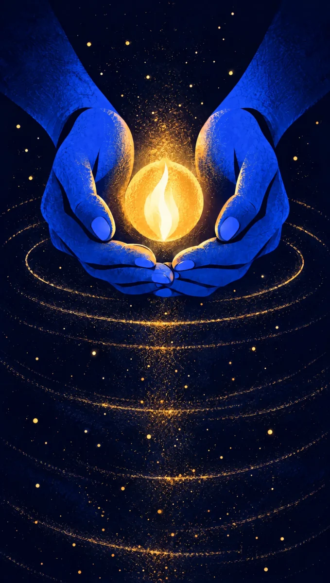Illustration of blue hands cupping a small glowing golden light in the dark