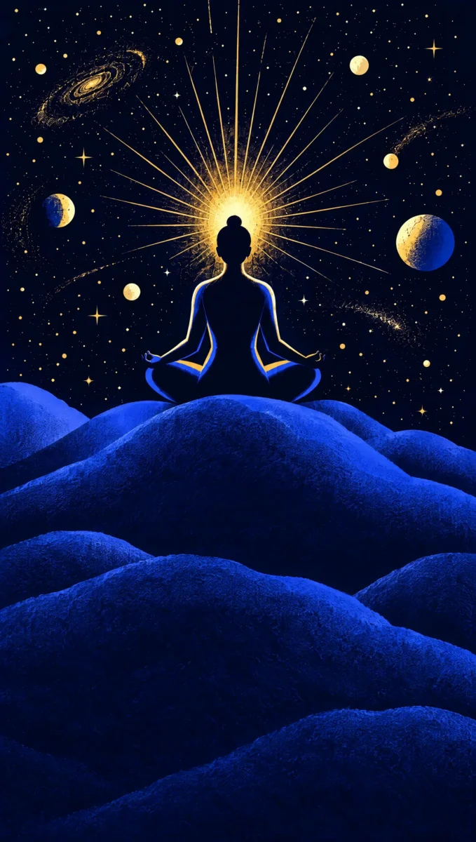 Illustration of a meditating figure with a golden crown of light opening into the stars