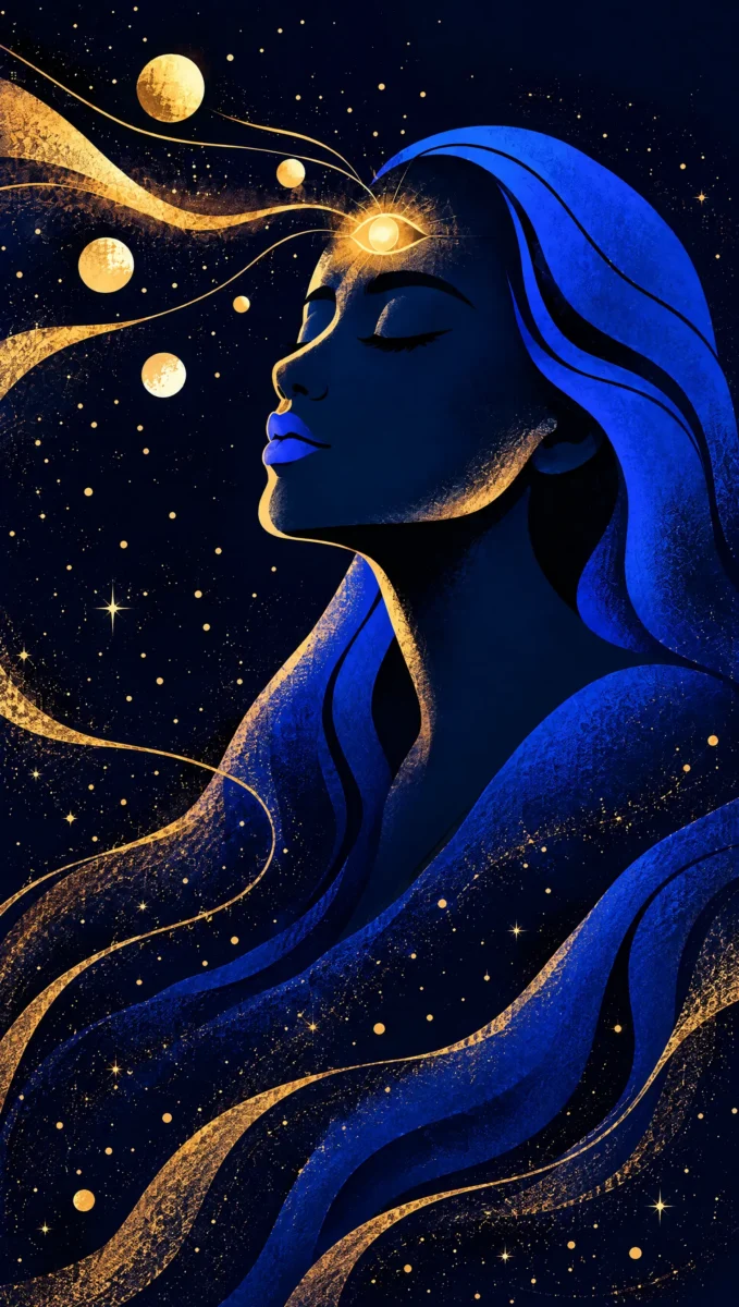 Illustration of a person in profile with eyes closed and a glowing golden third eye