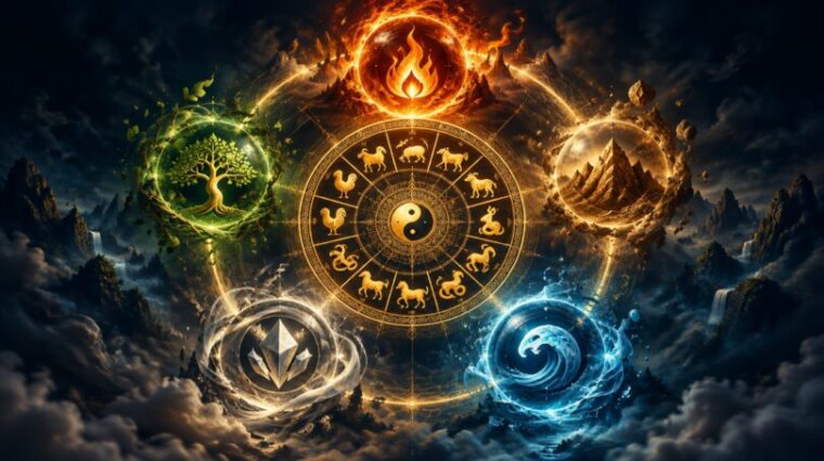 Golden Chinese zodiac wheel with twelve animals surrounded by the five elements: wood, fire, earth, metal and water