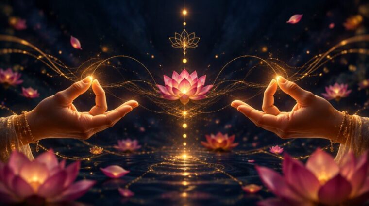 Two hands forming a glowing meditation mudra with a lotus flower between them