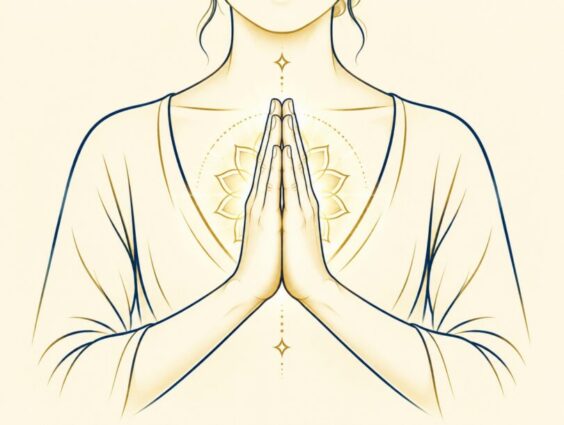 Illustration of hands pressed together at the heart in Anjali Mudra