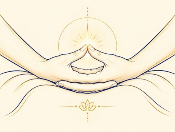 Illustration of hands resting in the lap in Dhyana Mudra with thumb tips touching