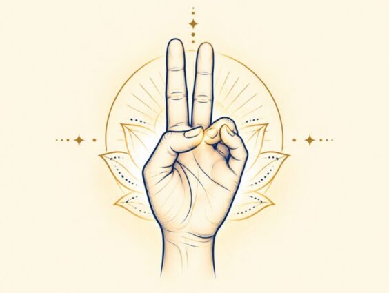 Illustration of a hand in Prana Mudra with the thumb, ring finger and little finger touching and two fingers extended
