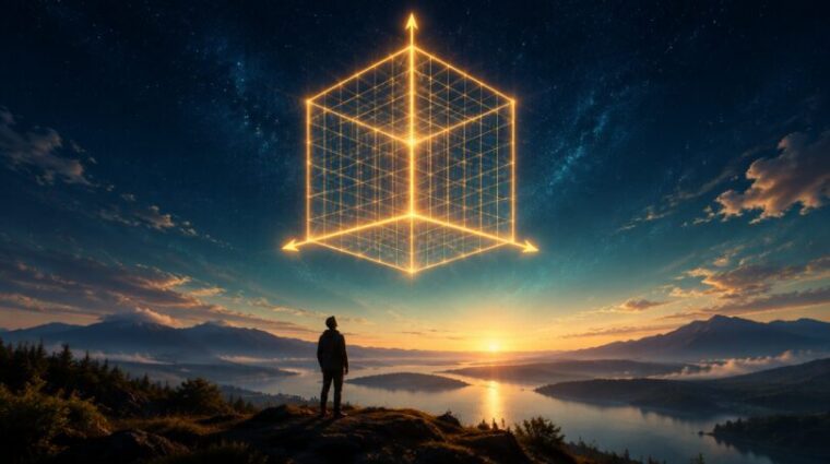 A person standing on a hilltop at sunrise looking up at a glowing golden three-dimensional cube