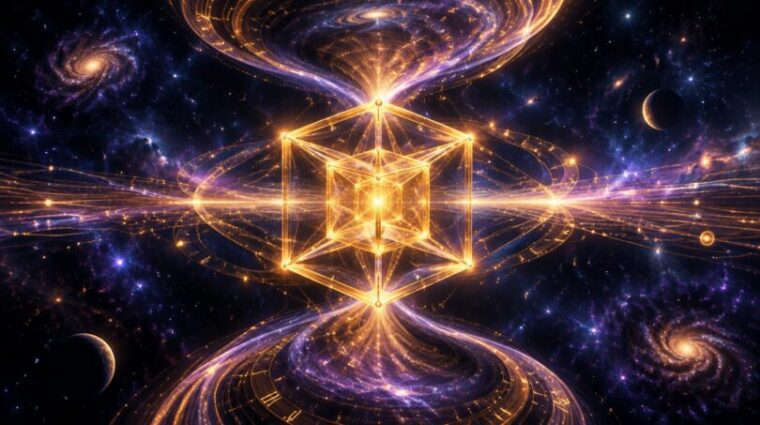 A glowing golden tesseract surrounded by swirling ribbons of time in a cosmic starfield