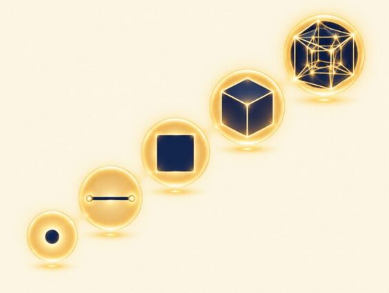Five glowing shapes rising from a point to a line, a square, a cube and a tesseract