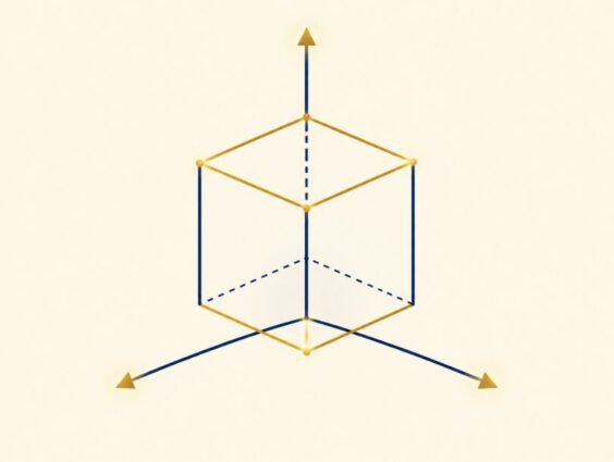 Line drawing of a cube with three axes showing length, width and height