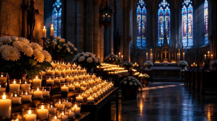Church interior with rows of votive candles, white chrysanthemums and stained glass windows