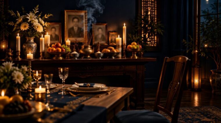 Ancestor altar with framed photos, candles and flowers beside a set dinner table