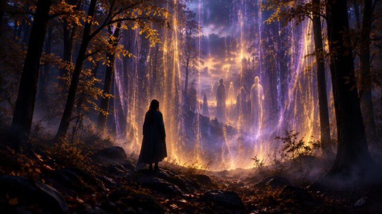 Cloaked figure standing in an autumn forest before a glowing veil of violet and golden light