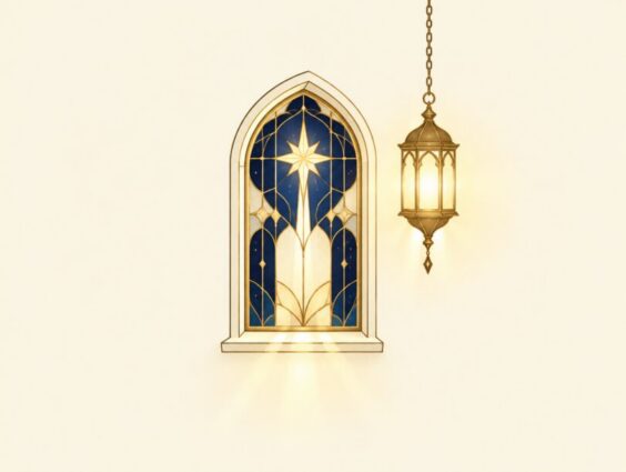 Stained glass window with a hanging lantern glowing beside it