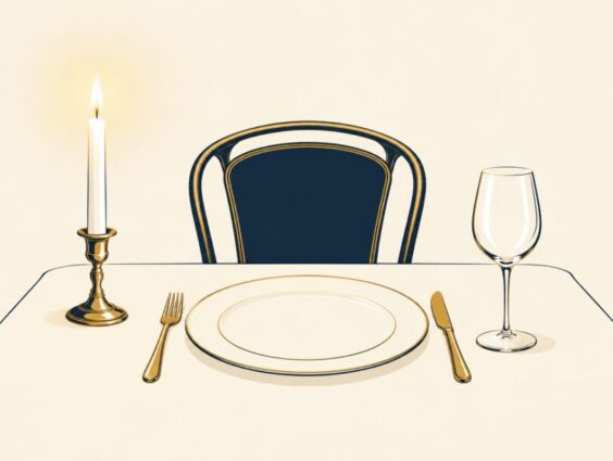 Dumb supper place setting with a candle, chair and wine glass