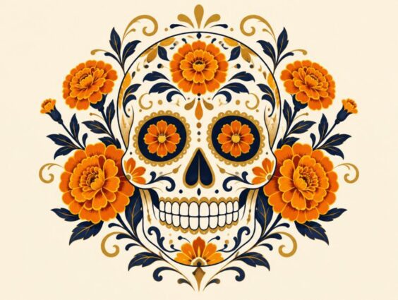Decorated sugar skull framed by orange marigolds