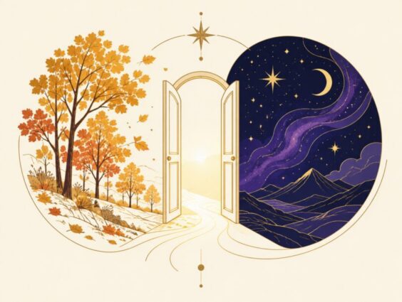 Open doorway between an autumn tree and a starry night sky