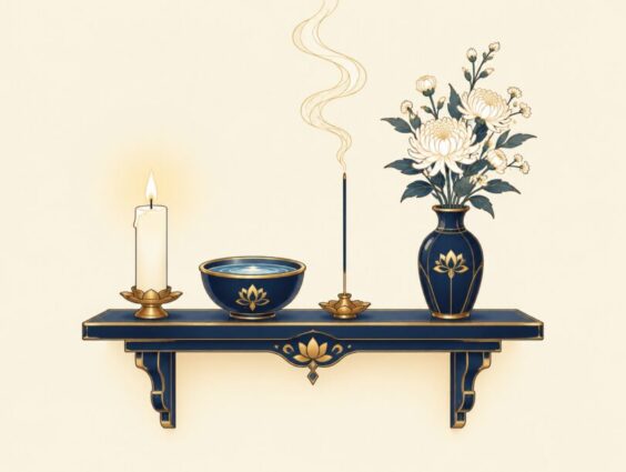 Ancestor altar shelf with a candle, incense and a vase of flowers