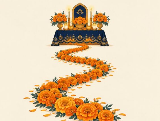 Winding path of marigold petals leading to an altar