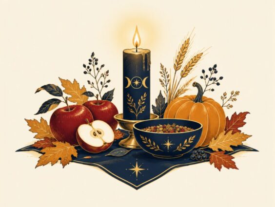 Samhain harvest altar with a candle, apples, pumpkin, wheat and autumn leaves