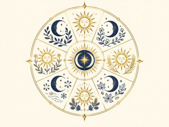 Illustrated wheel of the year showing suns and moons through the seasons