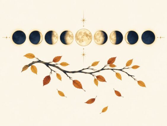 Row of moon phases above an autumn branch