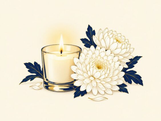 Votive candle beside white chrysanthemums